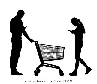 Couple in shopping with trolley market vector silhouette illustration isolated. People consumer basket buy food, goods. Family grocery shopping in supermarket. Man woman check supplies list by phone.