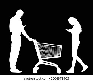 Couple in shopping with trolley market vector silhouette illustration isolated. People consumer basket buy food, goods. Family grocery shopping in supermarket. Man woman check supplies list by phone.