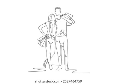 Pareja de compras usando bolsas de compras. Concepto de compras de pareja dibujo de una línea