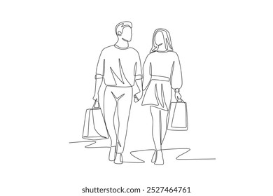 Couple shopping using shopping bags. Couple shopping concept one-line drawing