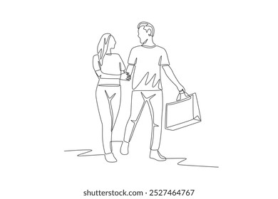 Couple shopping using shopping bags. Couple shopping concept one-line drawing