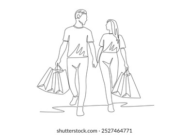 Couple shopping using shopping bags. Couple shopping concept one-line drawing