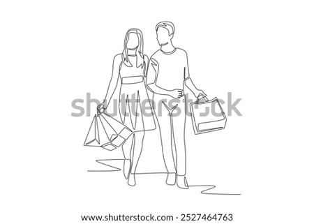 Couple shopping using shopping bags. Couple shopping concept one-line drawing