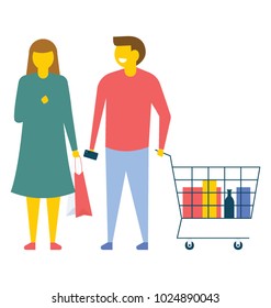 Couple shopping using shopping cart, flat vector icon 