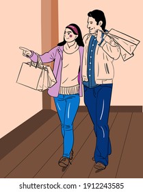 couple is shopping, woman is pointing finger 