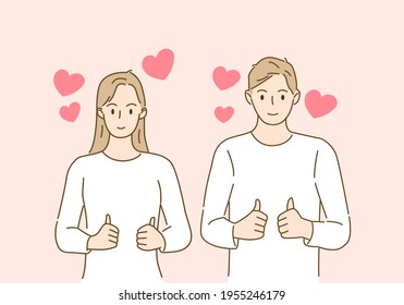 Couple show thumb up with heart shape to encourage. Love your body concept. Love yourself. Valentine's day. Self care and body positive. Hand draw style. Vector illustration.