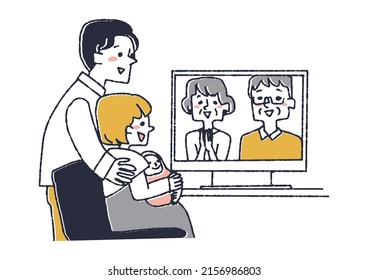A couple showing their newborn baby on an online call, a comical handwritten person vector, a warm line drawing
