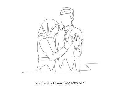 Couple shows off engagement rings. Engagement concept one-line drawing