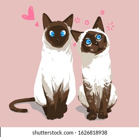 Couple of siamese cats, flat brush stroke style illustration, cute and fun, she and him love vibe