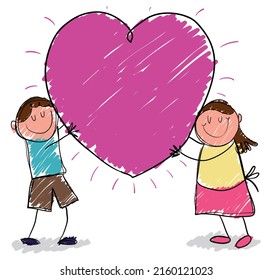 Couple siblings expressing each other fraternal love, hugging a big pink heart. Design in childish doodle style.