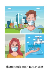 couple sick in corona virus scene vector illustration design
