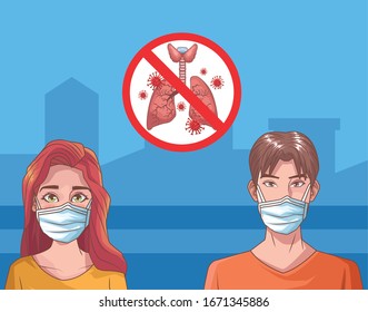 couple sick in corona virus scene vector illustration design