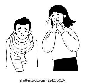 Couple of sick people with cold. Frozen sad guy wrapped in scarf. Girl sneezing into handkerchief. Vector outline illustration in doodle style. Cold season character concept, cold and cure