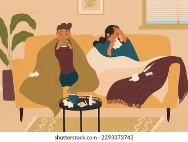 Couple with sick symptoms at home vector illustration. Cold and flu season. Woman and man in bed having cold, high temperature, running nose, coughing and taking medicine drugs