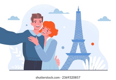 Couple with sightseeing selfie concept. Man and woman near Eiffel Tower. Happy family with smartphone and France, Paris. Pair of travellers and tourists. Cartoon flat vector illustration