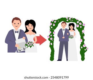 Couple signing a Prenuptial agreement. Vector simple color flat illustration.