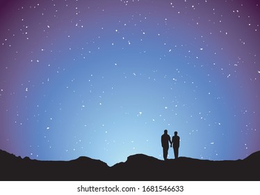 Couple silhouette among starry in twilight.