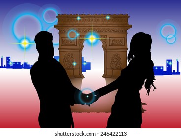 Couple silhouette and Arc de Triomphe at Night