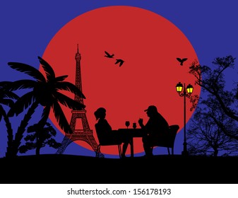 Couple silhouette in cafe in front of Eiffel tower , vector illustration