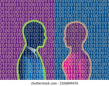 A couple in silhouette face each other. Overlaid over them is a matrix of digital code on 0s and 1s.
