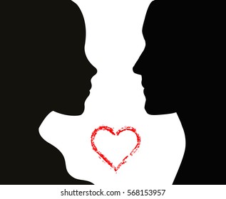 Couple silhouette and a grunge heart