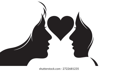Couple silhouette with heart between faces
