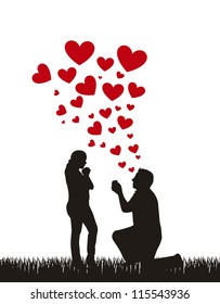 couple silhouette with hearts, proposal wedding. vector