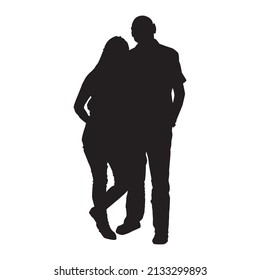 Couple silhouette isolated on white background. Silhouettes of man and woman standing. Man hugging beloved woman. Couple of young people standing side by side. Two lovers embracing.Vector illustration