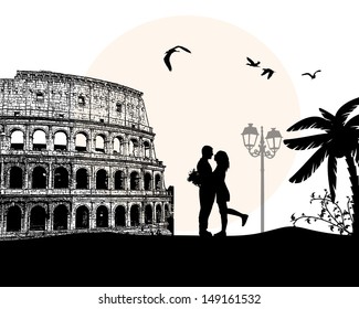 Couple silhouette in love in front of Colosseum in Rome , vector illustration