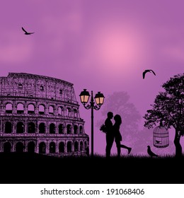 Couple silhouette in love in front of Colosseum in Rome , vector illustration