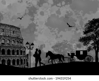 Couple silhouette in love in front of Colosseum in Rome on splash grey backround, vector illustration