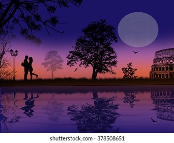 Couple silhouette in love in front of Colosseum in Rome near water , vector illustration