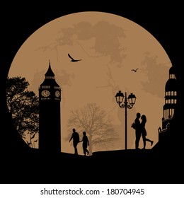Couple silhouette in love in front of London tower , vector illustration