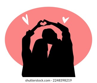 couple silhouette. lover boy and girl. love hand gesture. orange sunset background. family relationship. vector black and white illustration.