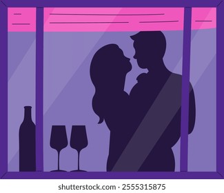 Couple Silhouette In Night Window Vector Illustration