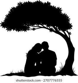 Couple silhouette sitting under tree, embracing, love and romance