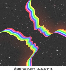 Couple silhouette in space. Abstract human faces outline. LGBT rainbow