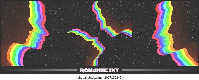 Couple silhouette in space. Abstract human faces outline. LGBT rainbow