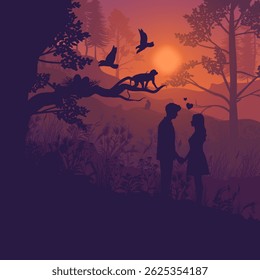 Couple Silhouette at sunrise scenery, Couple in love, vector illustration