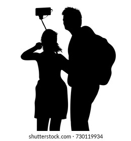 Couple silhouette taking selfie with smartphone on white background, vector illustration