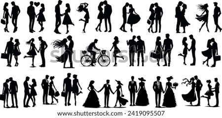 Couple silhouette Vector illustration, romantic love, various poses, activities. Perfect for wedding, Valentines Day, engagement cards, romantic designs.