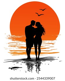 Couple Silhouette Walking on the Beach at Sunset Flat Vector Illustration