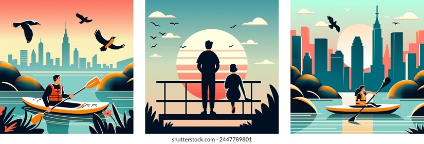 Couple silhouetted against city sunset, vector illustration, capturing intimate urban moments and travel-themed visuals in flat design.