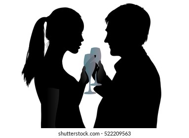 Couple silhouettes with glasses. Romantic Love and dating. Vector Illustration