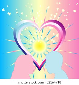Couple silhouettes with hearts in the background