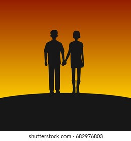 Couple Silhouettes on Sunset Background. Vector Illustration