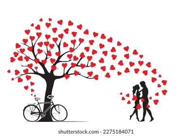 Couple silhouettes under love tree with hearts bowling and bicycle, vector. Romantic illustration isolated on white background. 