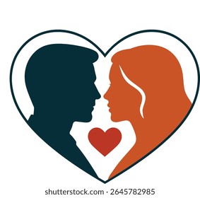 Silhuetas de casal dentro de um símbolo de coração, representando amor e romance