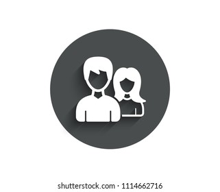 Couple simple icon. Users Group or Teamwork sign. Male and Female Person silhouette symbol. Circle flat button with shadow. Vector