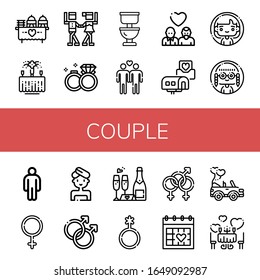 un par de iconos simples. Contiene iconos como Bodas, Vals, Anillos de Boda, Toilet, Gay, Invitación de Boda, Mujer, Hombre, Mujer, Género, puede ser usado para web, móvil y logo